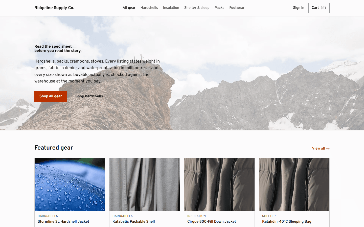 Homepage of Ridgeline Supply Co.